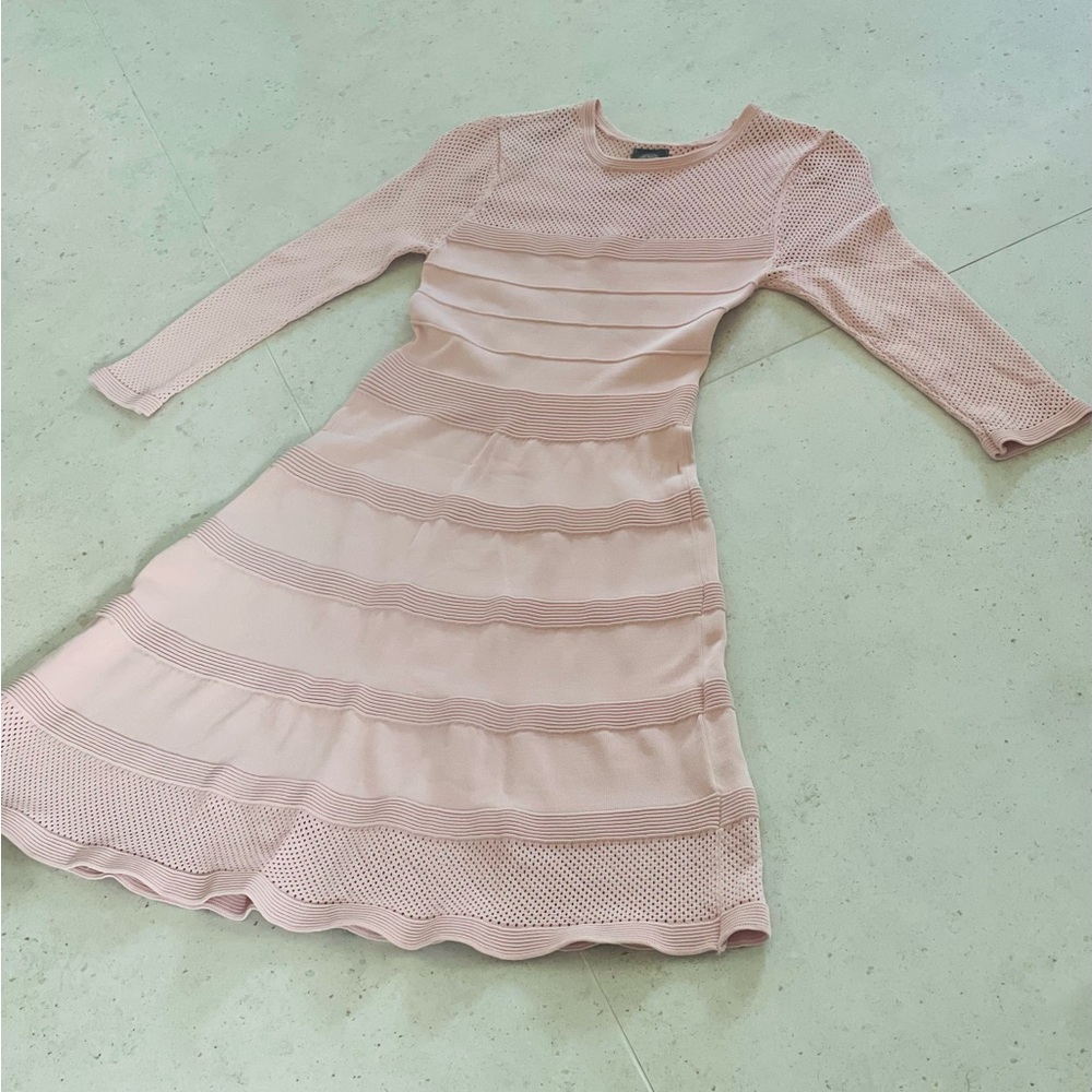 Vince Camuto Dusty Blush Long Sleeve Textured Fit-and-Flare Dress